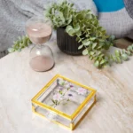 Decorative acrylic keepsake boxes styled with a plant and cozy chair in the background.
