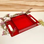 Maroon acrylic tray with glossy finish and flat handles