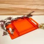 Orange acrylic tray with glossy finish and flat handles