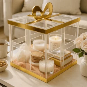 Decorative bow basket used for Diwali gifting with candles and flowers.