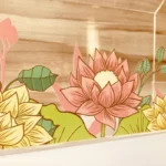 Close-up of lotus flower print on clear acrylic bag surface.