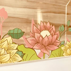 Close-up of lotus flower print on clear acrylic bag surface.