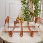 Side angle of luxury tray showing leather-wrapped handles.