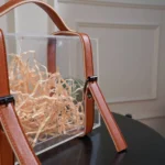 Minimalist clear suitcase box styled in a classic interior setup.