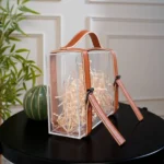Side view of transparent suitcase box showing faux leather handle detail.
