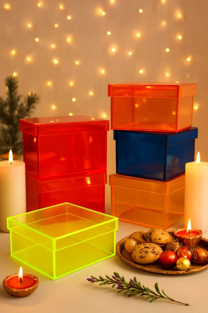 Set of colorful acrylic gift boxes in red, orange, blue, and neon green, ideal for festive packaging, storage, and decorative gifting.