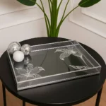 Silver Aurora Luxe Tray on black round table with silver and white decorative balls