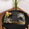 Gold Aurora Luxe Tray on black round table with golden decorative balls