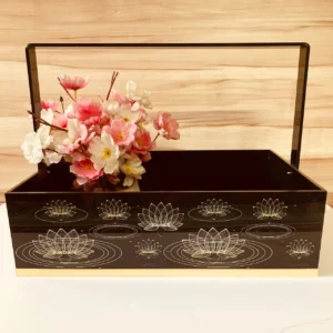 Premium hamper basket with handle and lotus design.