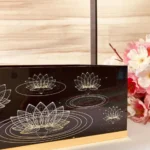 Side view of lotus print hamper basket for gifting.