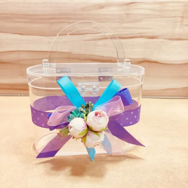 Front view of acrylic oval basket for gifting.