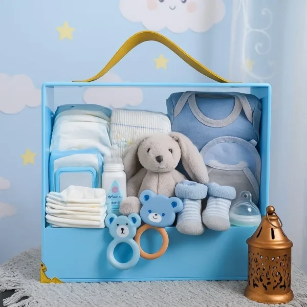 Luxury acrylic gift carrier styled with minimalistic decor items inside.