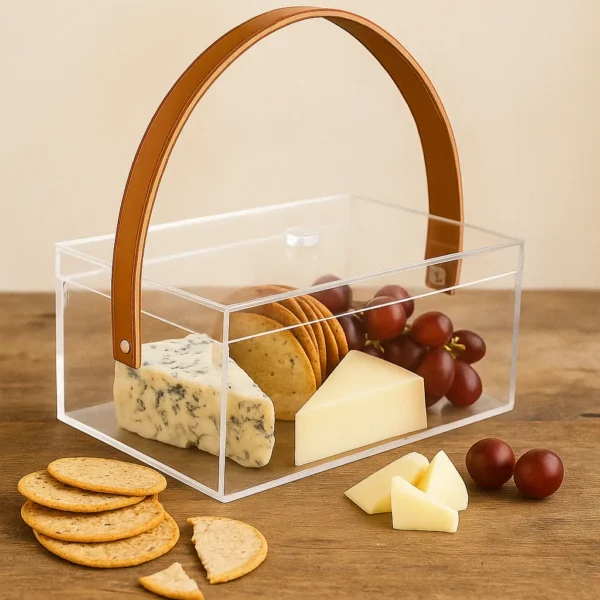 Transparent acrylic gift box with mustard leather handle on table with Cheese & Cracker inside.