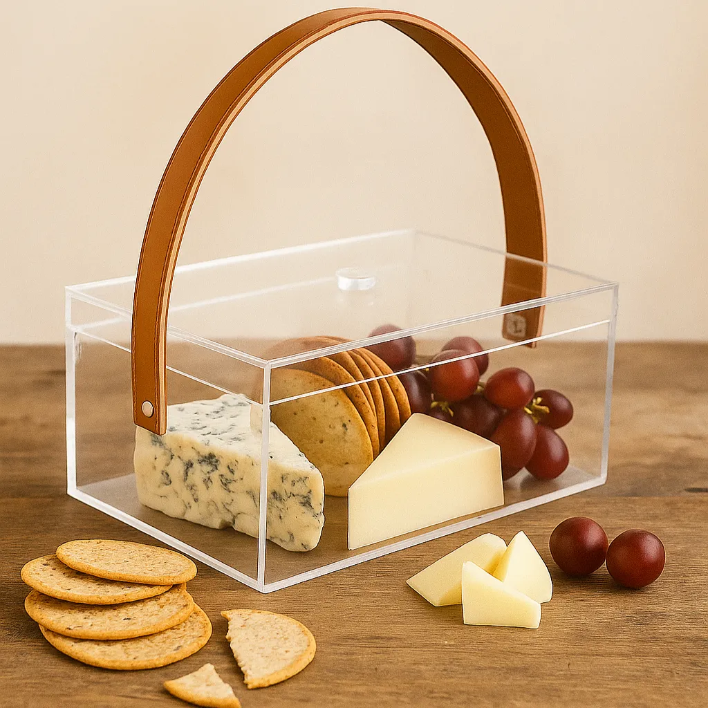 Transparent acrylic gift box with mustard leather handle on table with Cheese & Cracker inside.